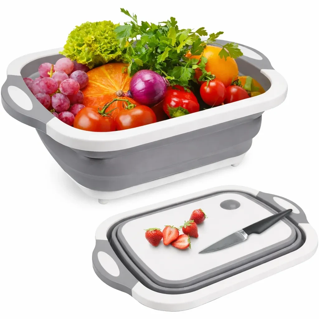 حوض غسيل سيليكون قابل للطي متعدد الاستخدامات مع غطاء ولوح تقطيع