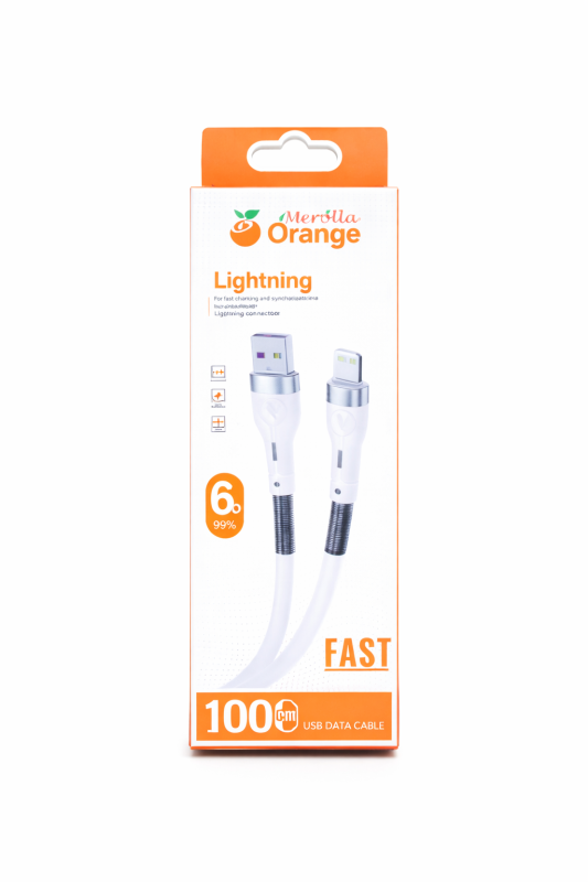 كيبل شحن ونقل بيانات Merolla Orange Lightning بطول 1 متر – شحن سريع 6A